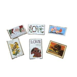 Set of 6 Vintage Stamp Enamel Pin Collection Set - Multicolor